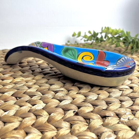 VTG Mexican Talavera Pottery Spoon Rest Colorful Floral Handcrafted Turquoise - Picture 4 of 6
